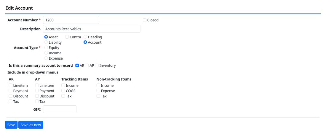 An account record with its drop-down links ticked