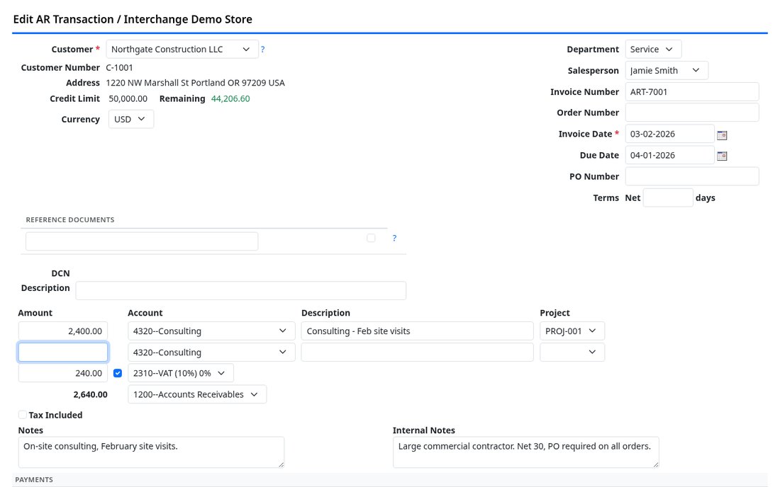 An AR transaction open for editing, showing its account and tax lines