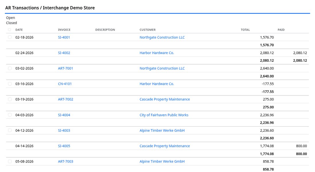 AR transactions report subtotalled by customer