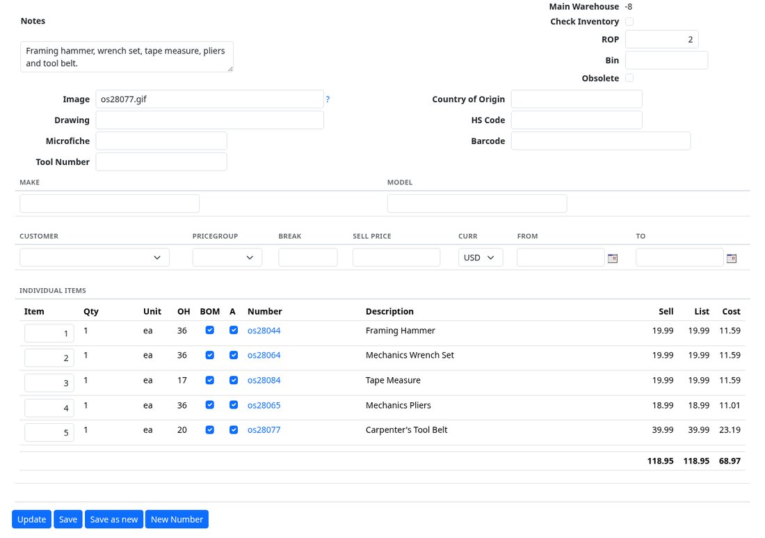 An assembly scrolled to its bill of material, showing five component lines