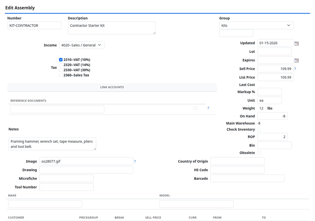 An assembly record with its group, notes and pricing