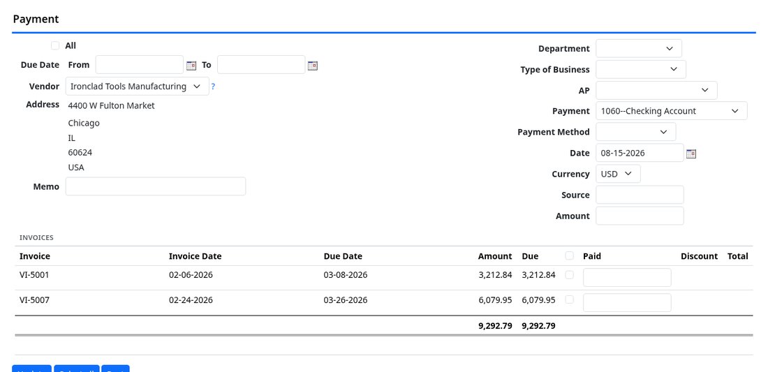 Payment screen with a vendor selected and open invoices listed