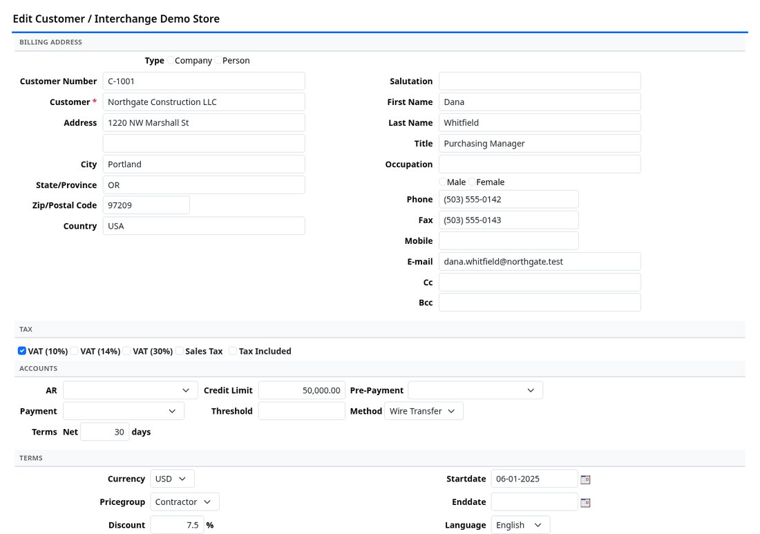 A customer record showing terms, credit limit, tax and language