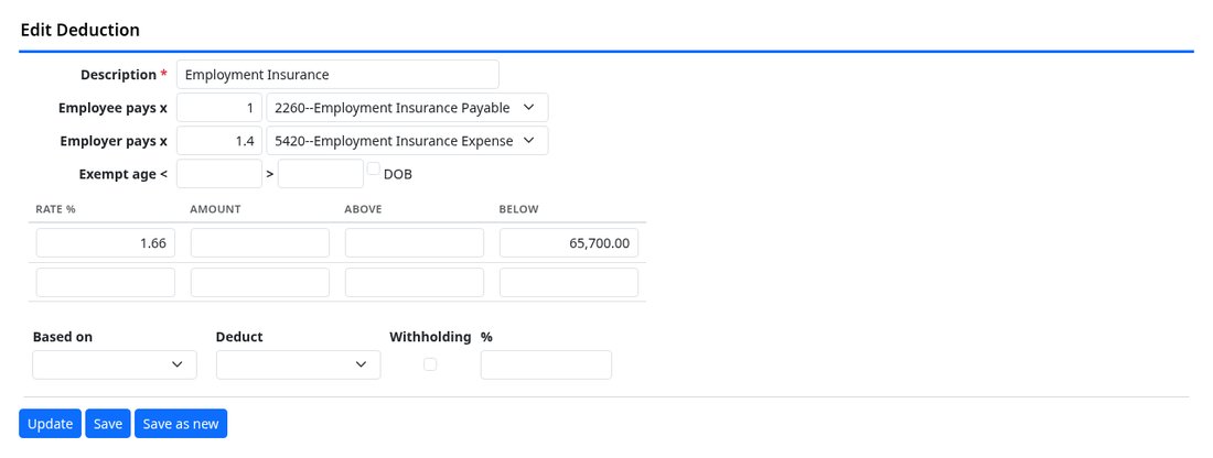 A deduction with its rate, ceiling and both accounts