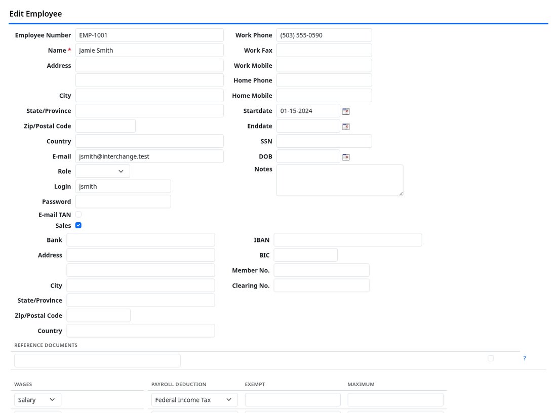 An employee record showing the login field