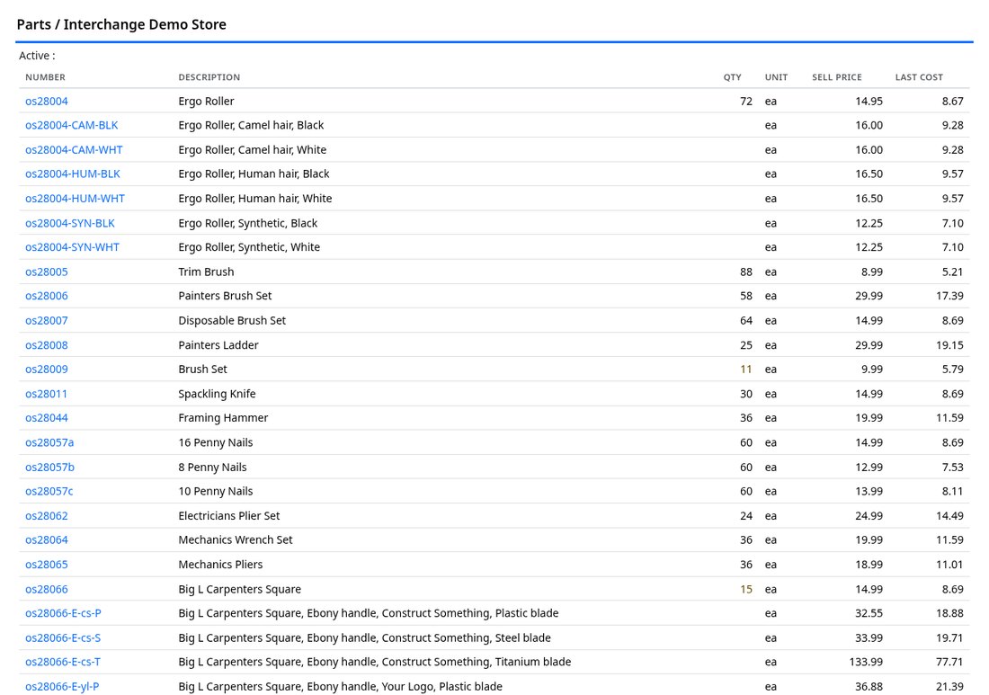 Parts report showing the same items and prices