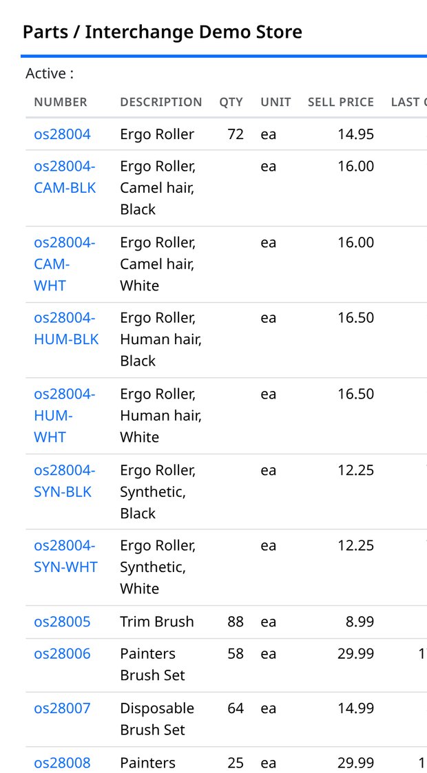 The parts catalogue at phone width, quantities visible
