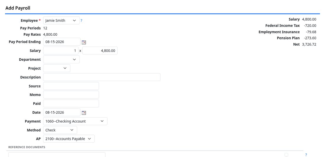 A payroll entry showing gross, each deduction and net pay