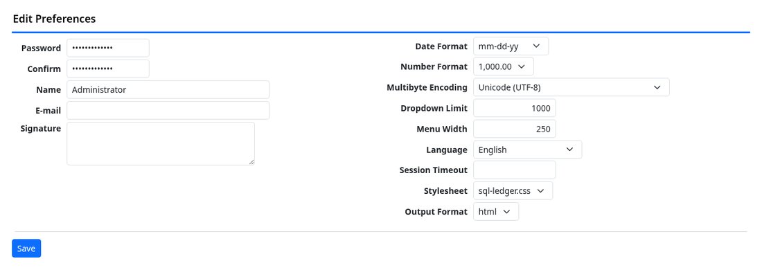 User preferences screen