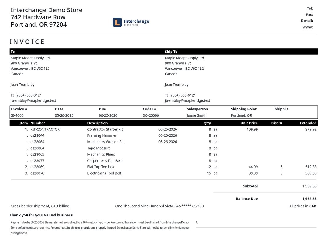 A printed sales invoice on the company letterhead