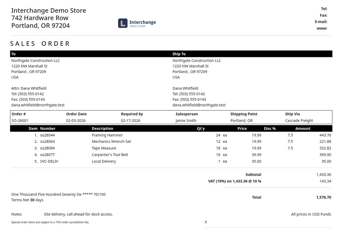 A printed sales order showing lines and VAT