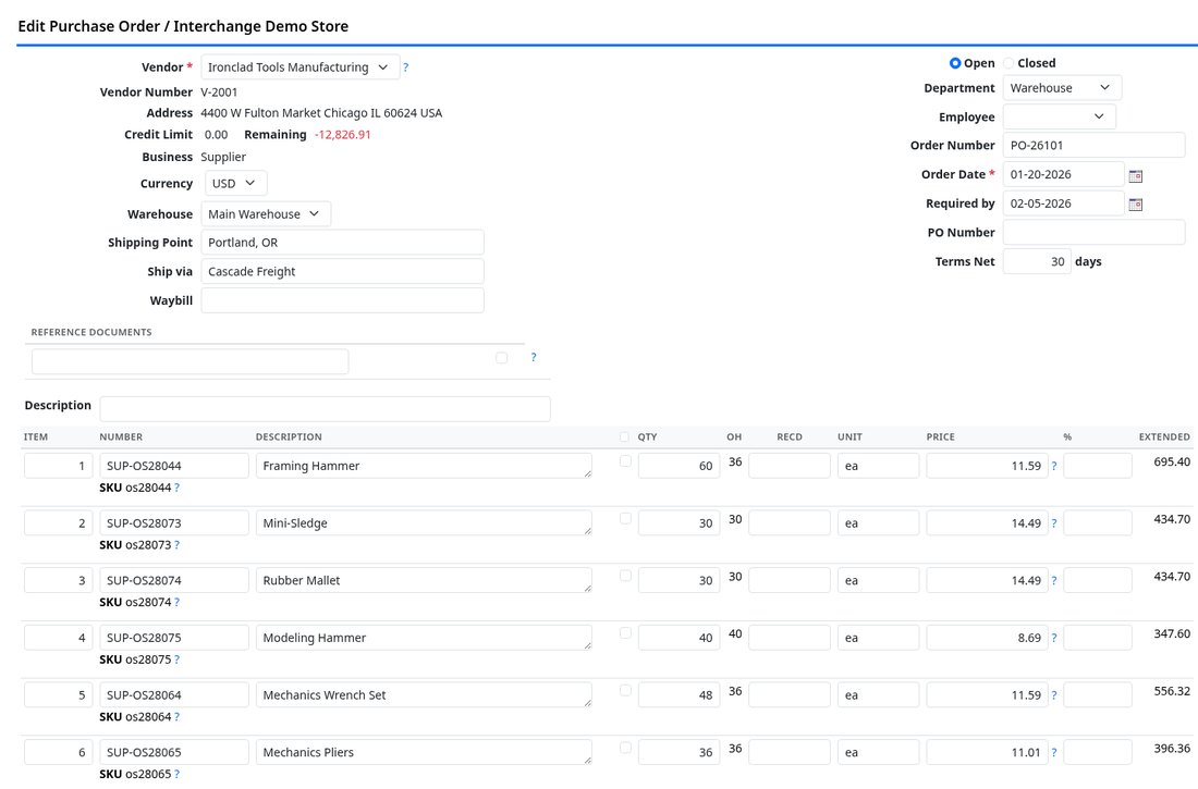 A purchase order open for editing with line items