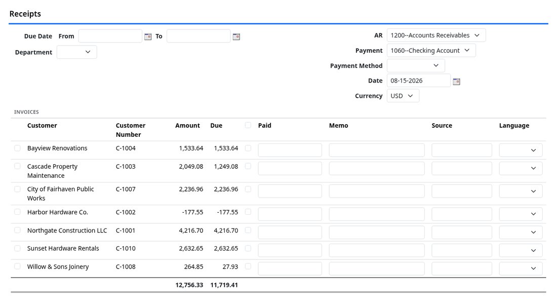 Receipts screen listing customers with open balances