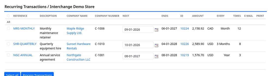 Recurring transaction list with intervals and next due dates