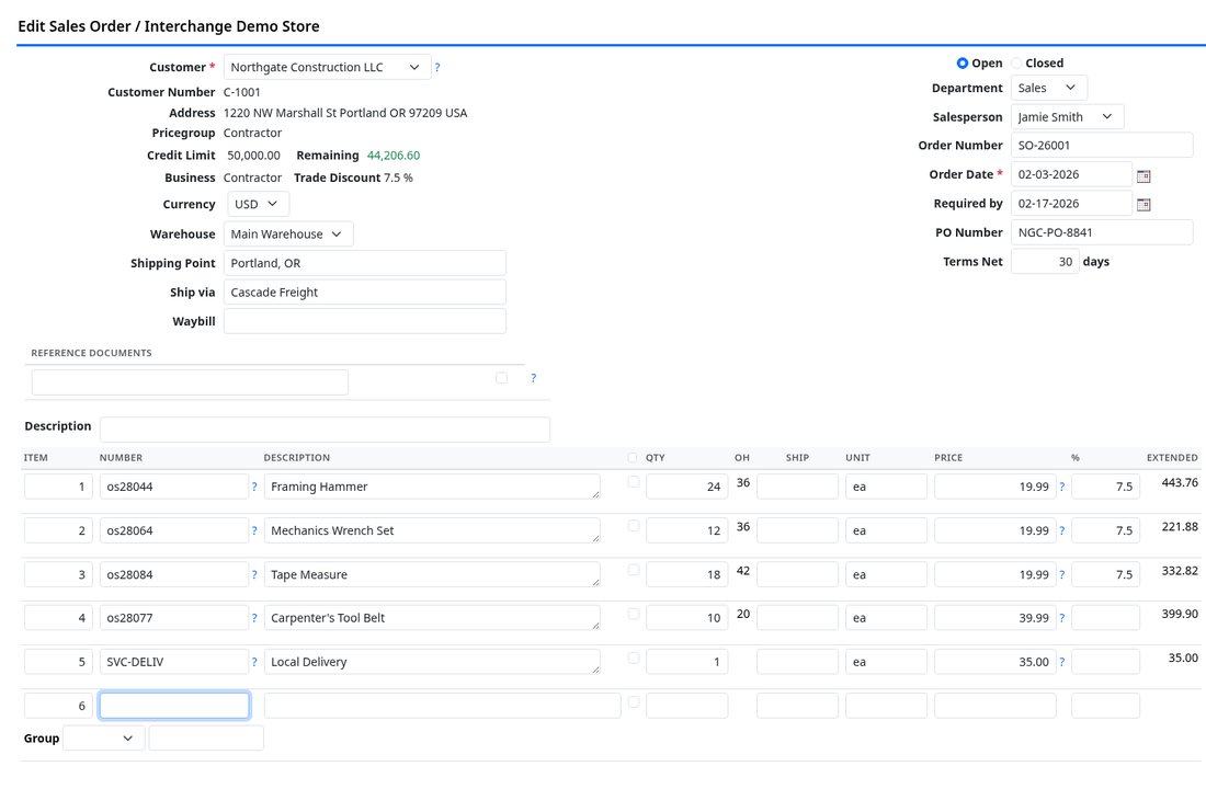 A sales order open for editing with line items and totals