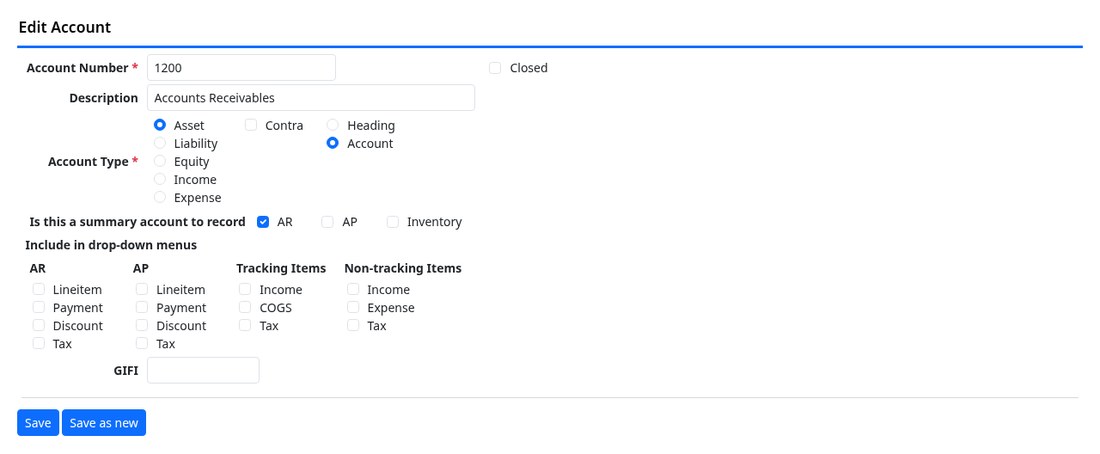 An account record showing which screens may use it