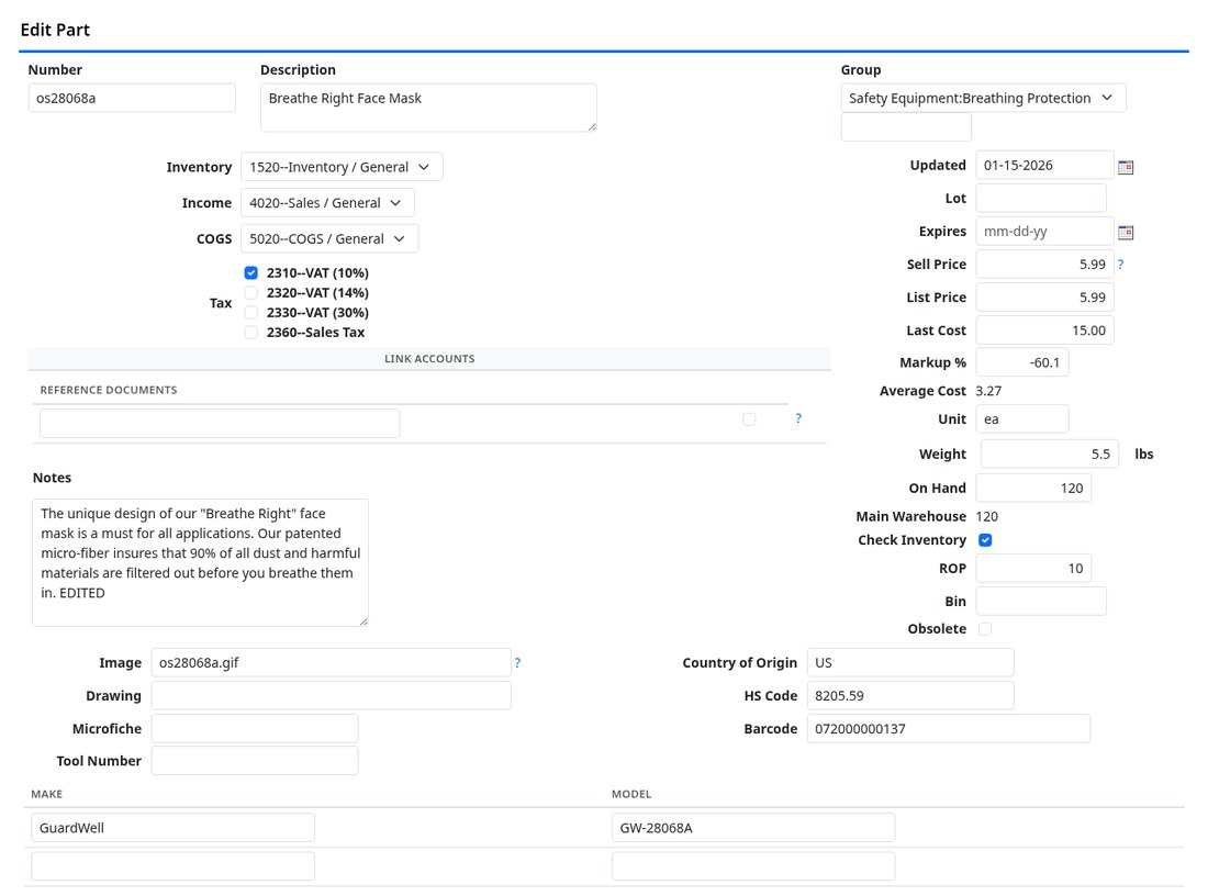 A part record showing its tax checkboxes