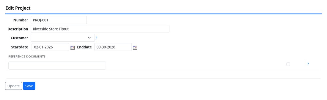 A project record with number, description, customer and dates