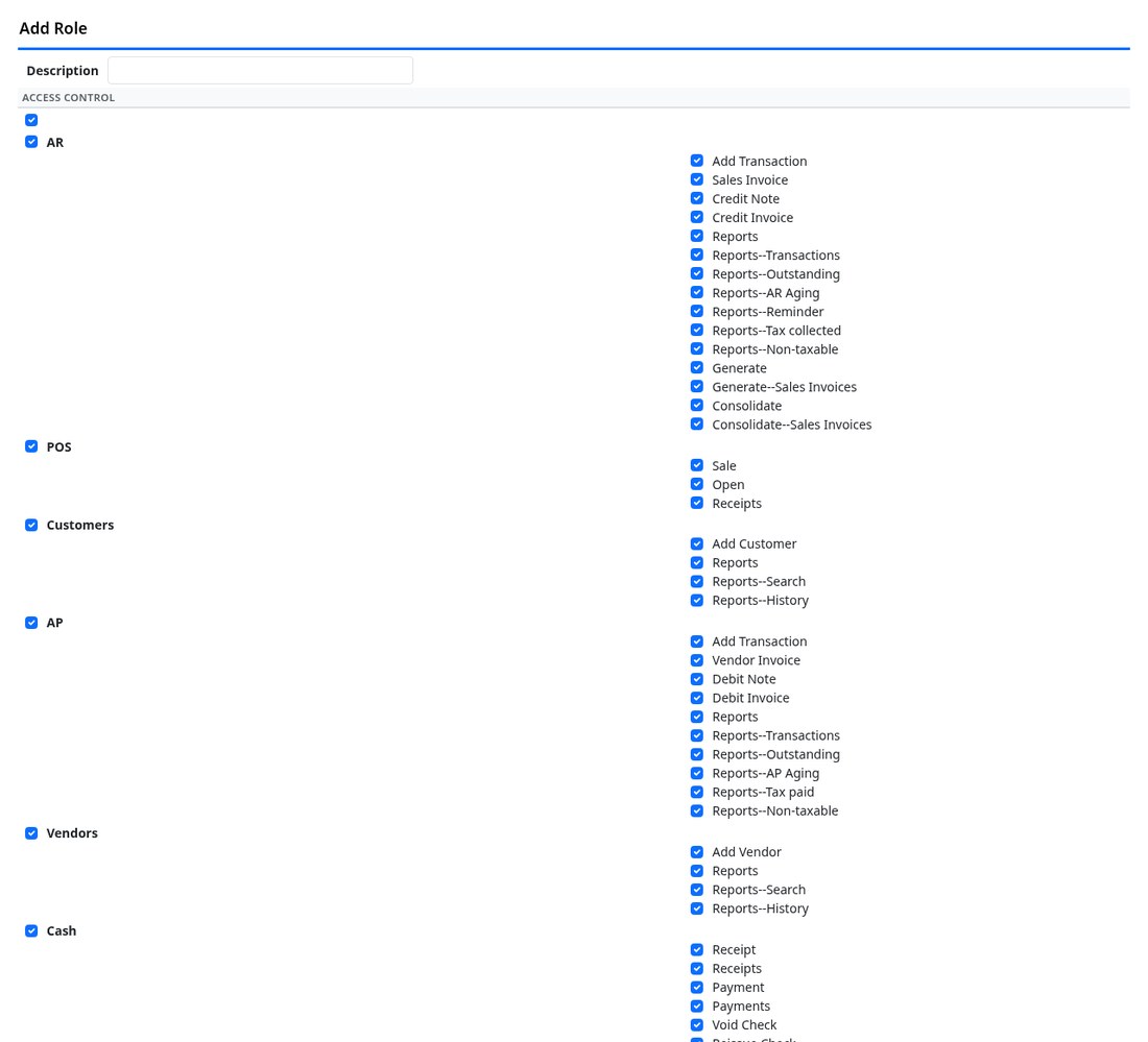 The add role screen with the menu tree as tick boxes