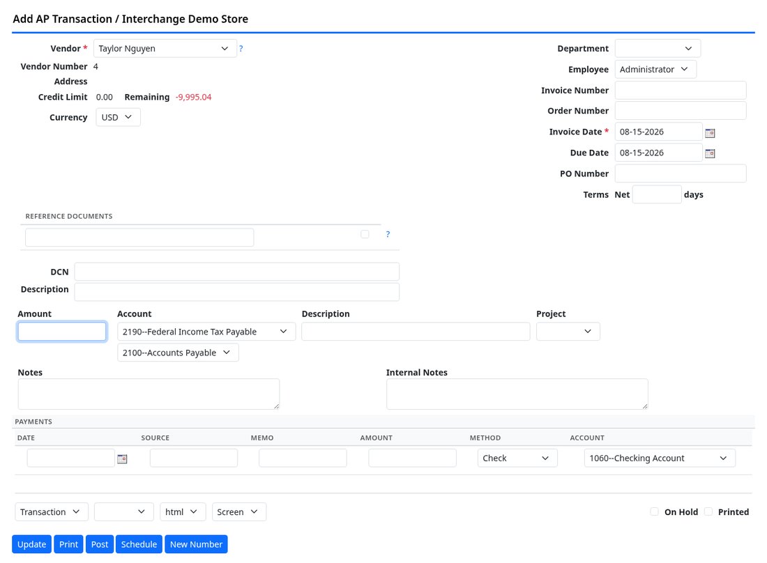 An AP transaction entry screen with vendor selected