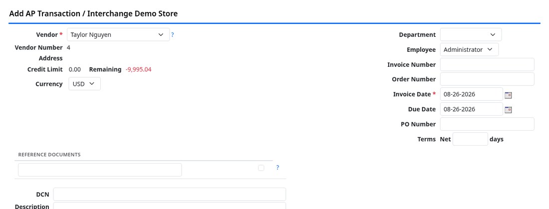 An AP transaction screen showing the DCN input field