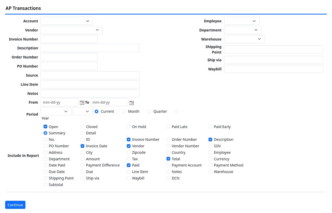 The AP report screen with filters and column tick boxes