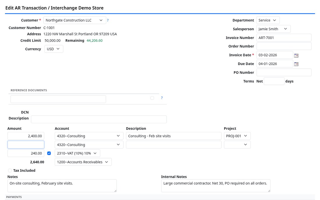 An AR transaction open for editing, with the DCN row below the reference documents