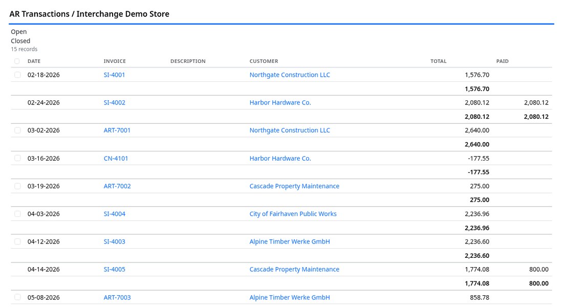 AR transactions report subtotalled by customer