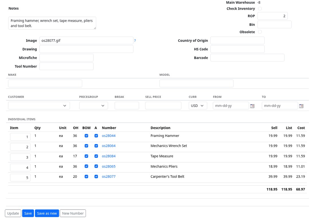 An assembly record scrolled to its bill of material