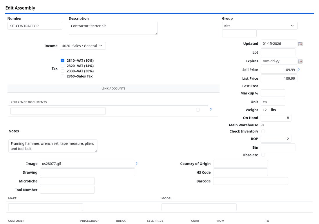 An assembly record with its group, notes and pricing