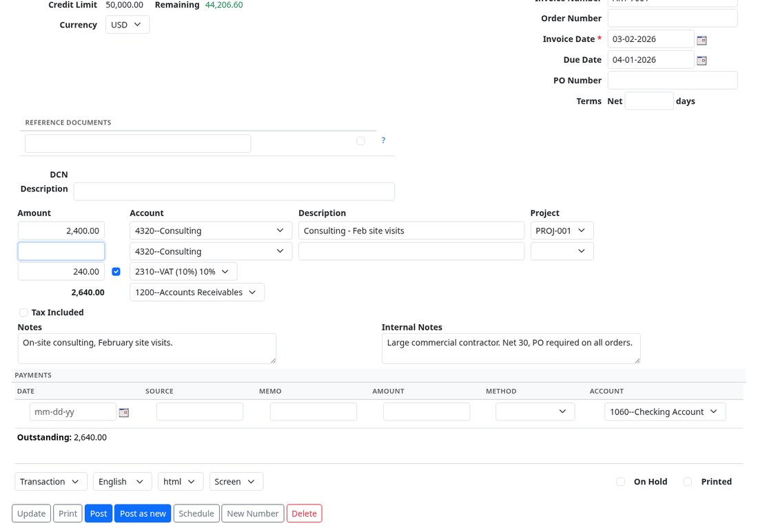 A posted transaction reopened for editing, with its post, save-as-new and delete actions