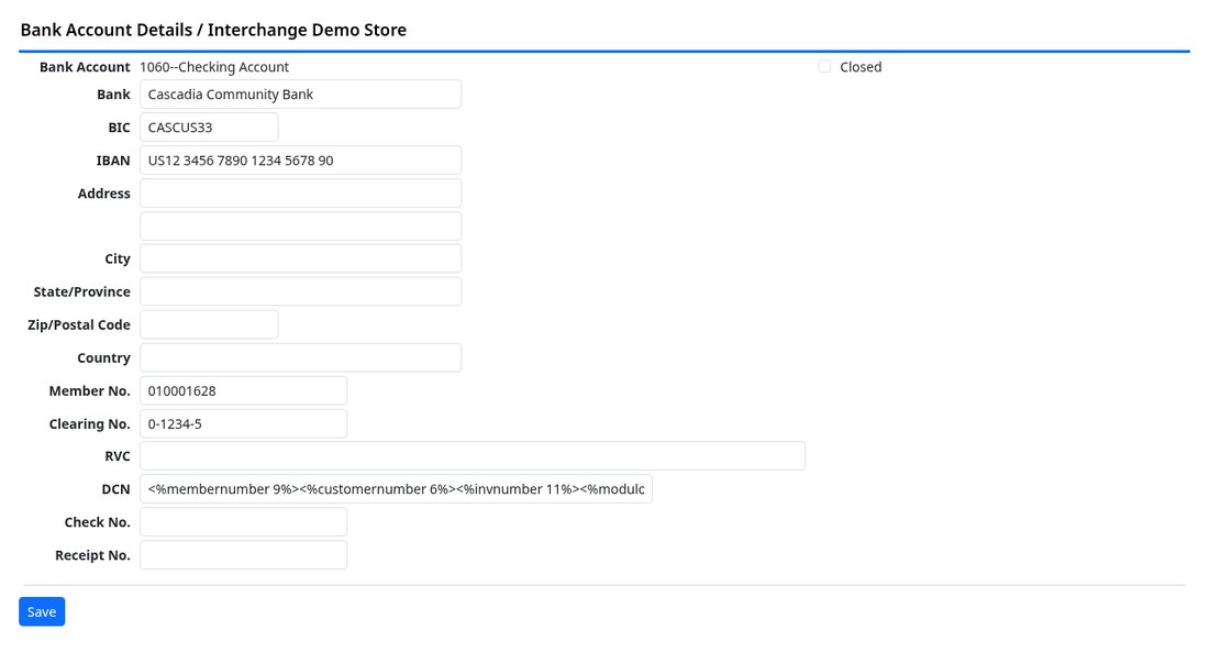 Bank account details with member number, clearing number and a DCN pattern