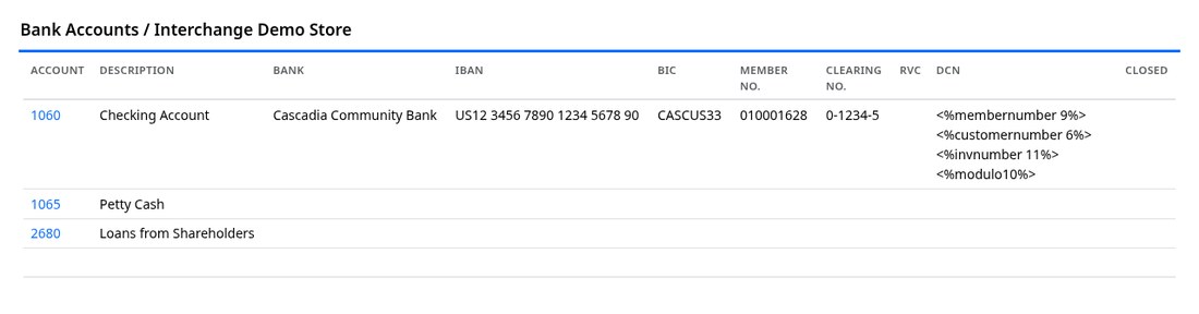 The bank accounts list with IBAN, BIC, member number, clearing number and DCN columns