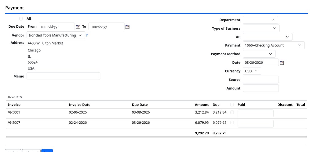 Payment screen listing a vendor&rsquo;s open invoices