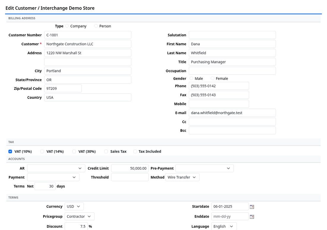 A customer record showing tax settings