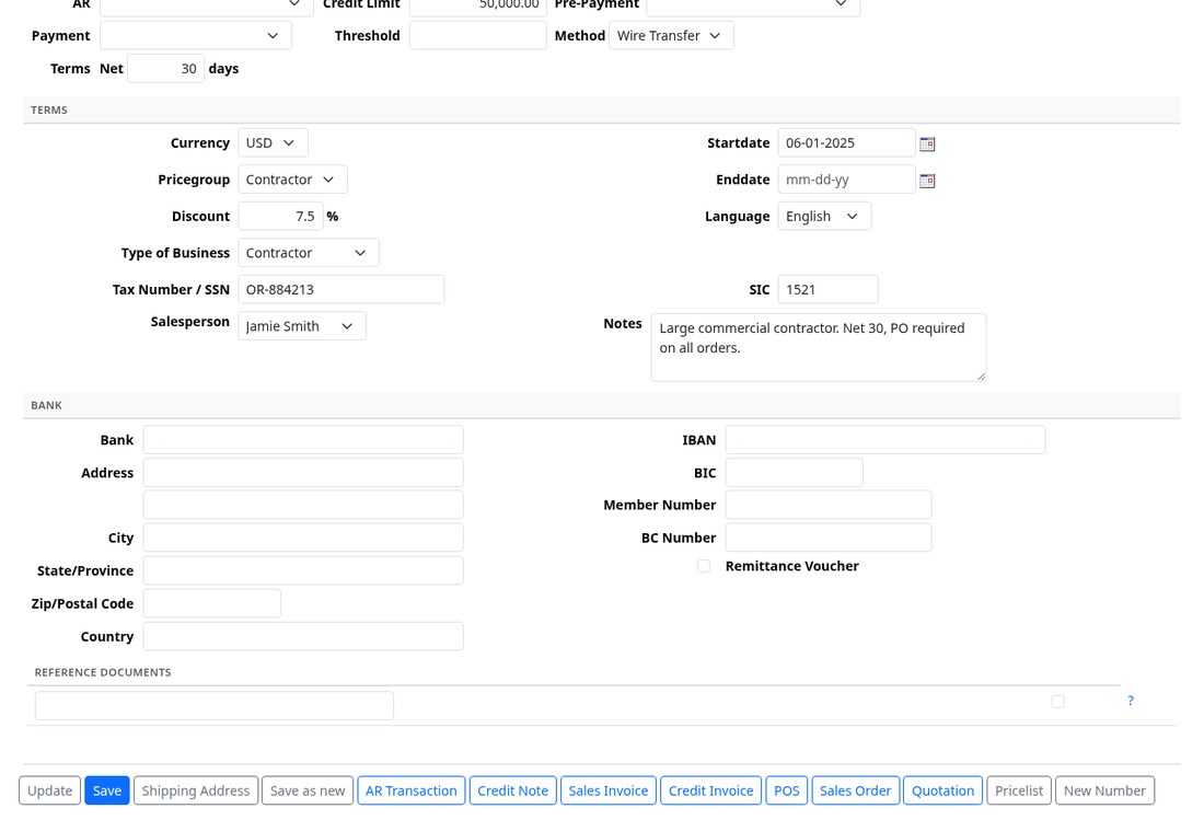 The lower part of a customer record: terms, tax number, salesperson, bank details and document buttons