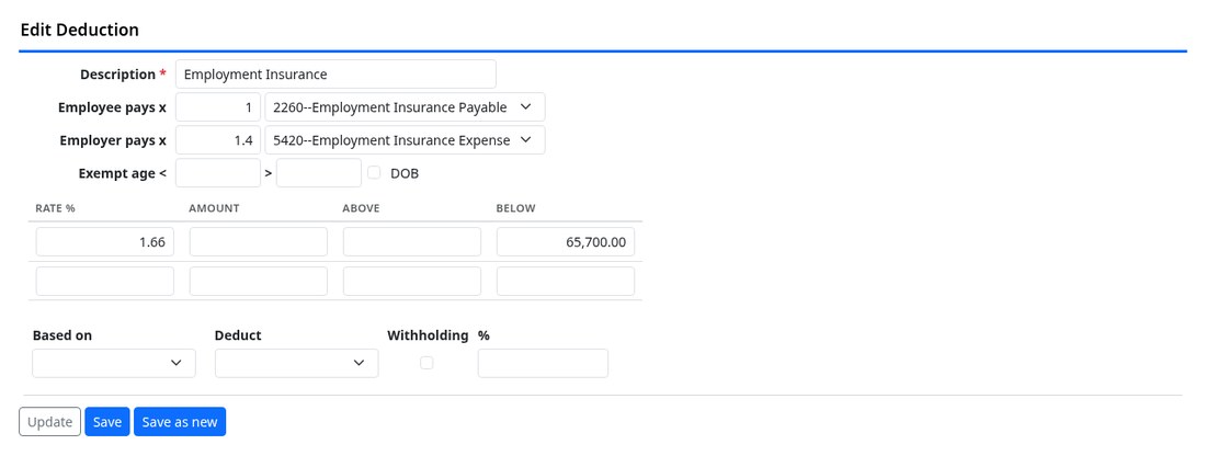 A deduction with its rate, ceiling and both accounts