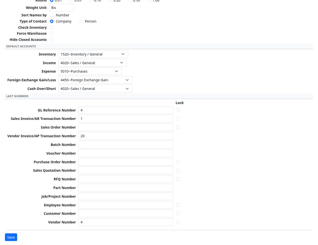The default accounts and last-numbers section of the system defaults screen