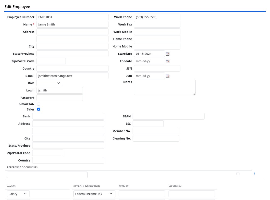 An employee record showing the login field