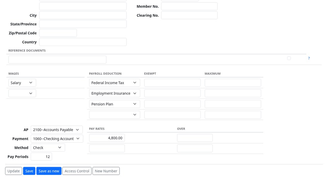 The payroll section of an employee record with wages, deductions, pay rate and pay periods