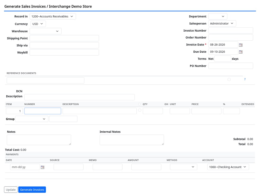 Generate sales invoices screen