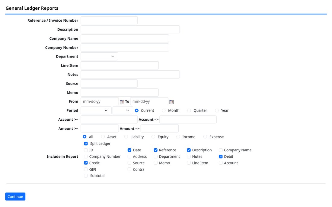 General ledger report screen with filters and columns