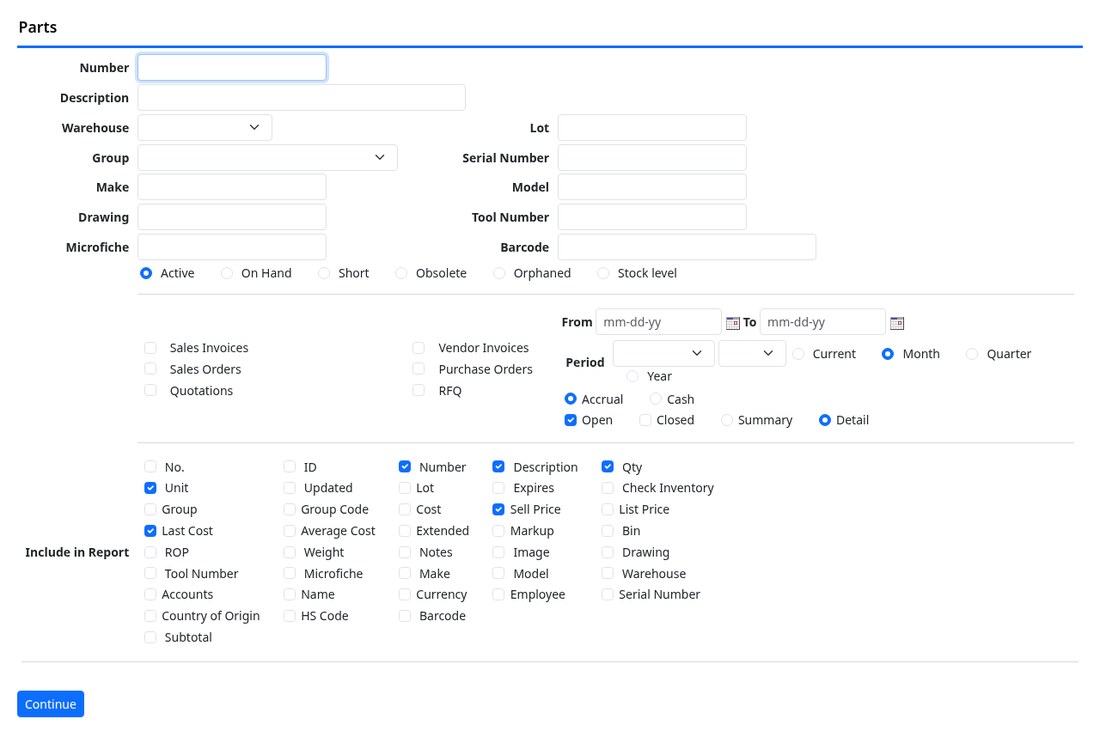 The parts report screen with filters, document types and column tick boxes