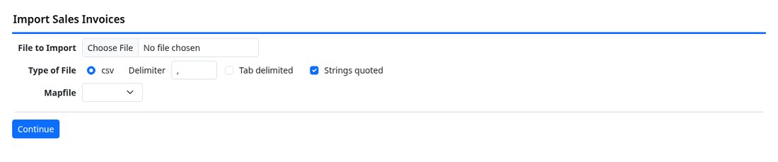The sales invoice import screen