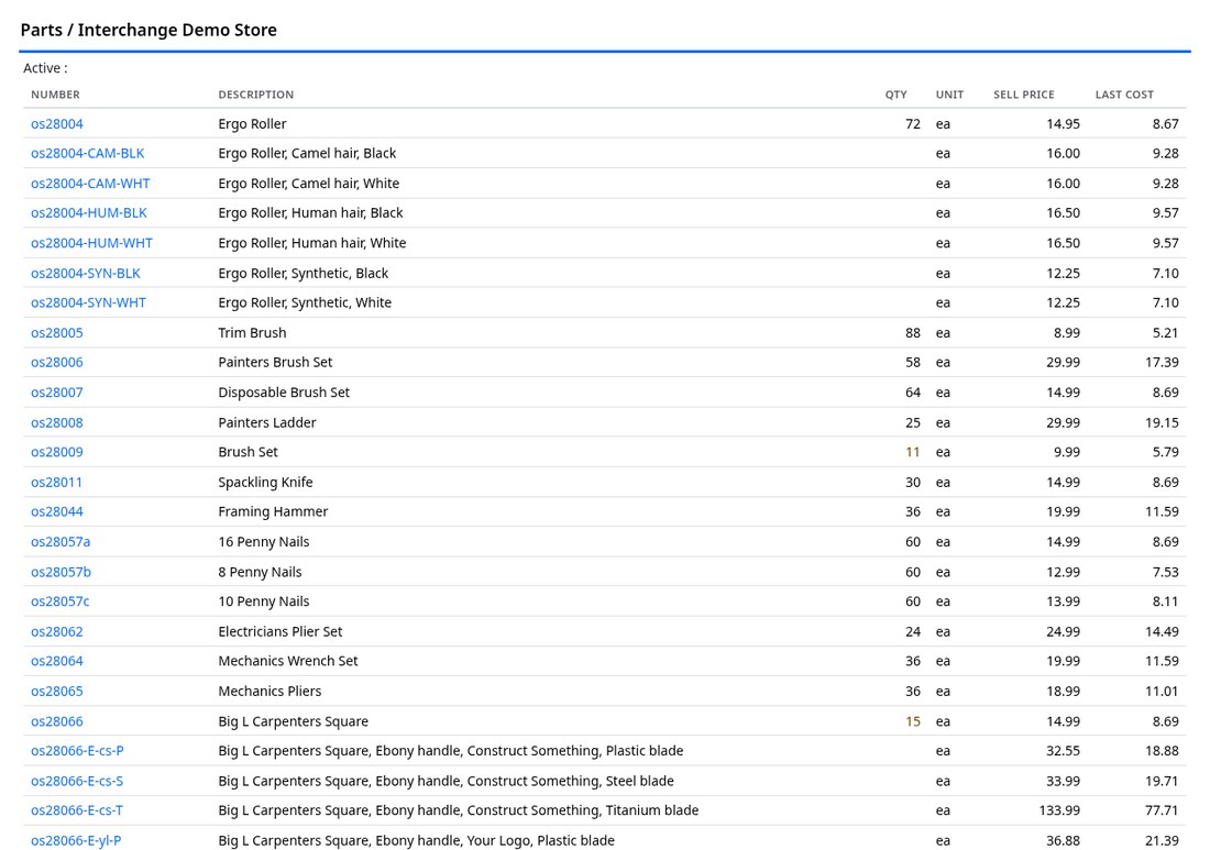 Parts report with quantities, sell price and last cost