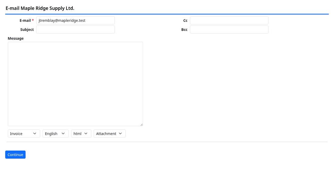 The e-mail screen for an invoice with address, subject, message and attachment format