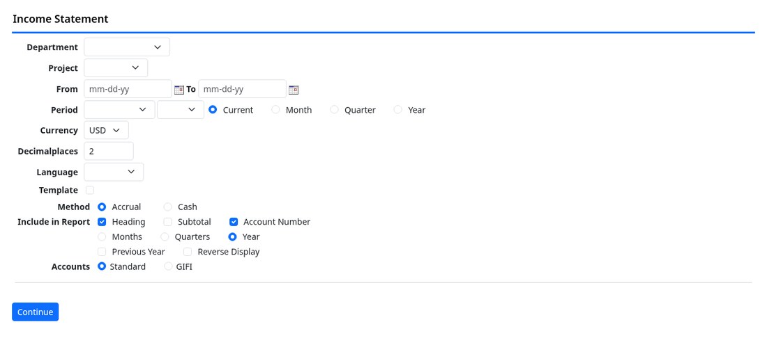 The income statement options screen