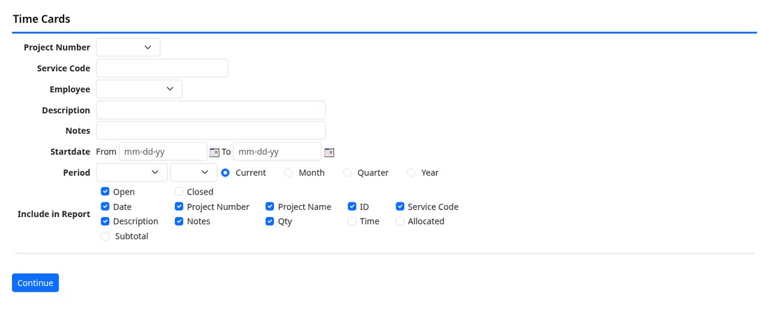 The time card report filter screen