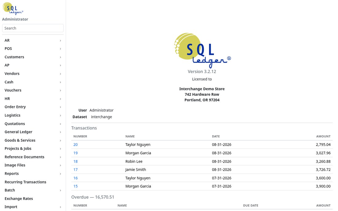 The SQL-Ledger home screen with the module menu on the left and recent and overdue transactions