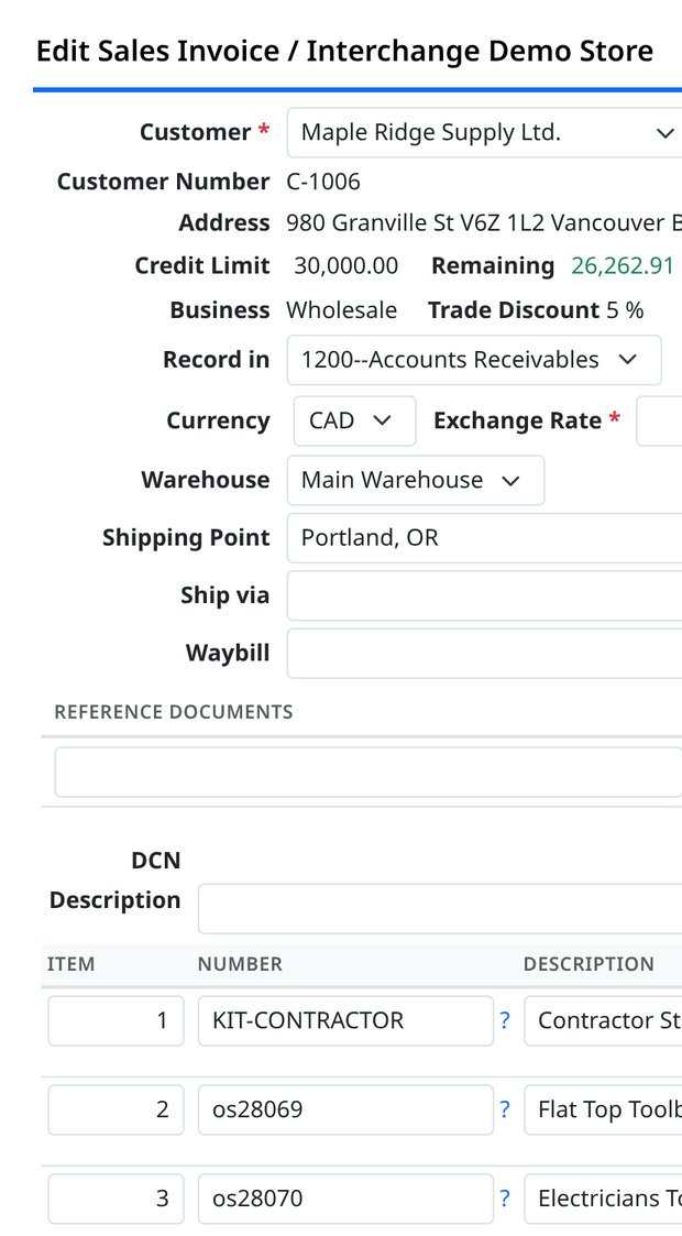 A sales invoice being edited at phone width